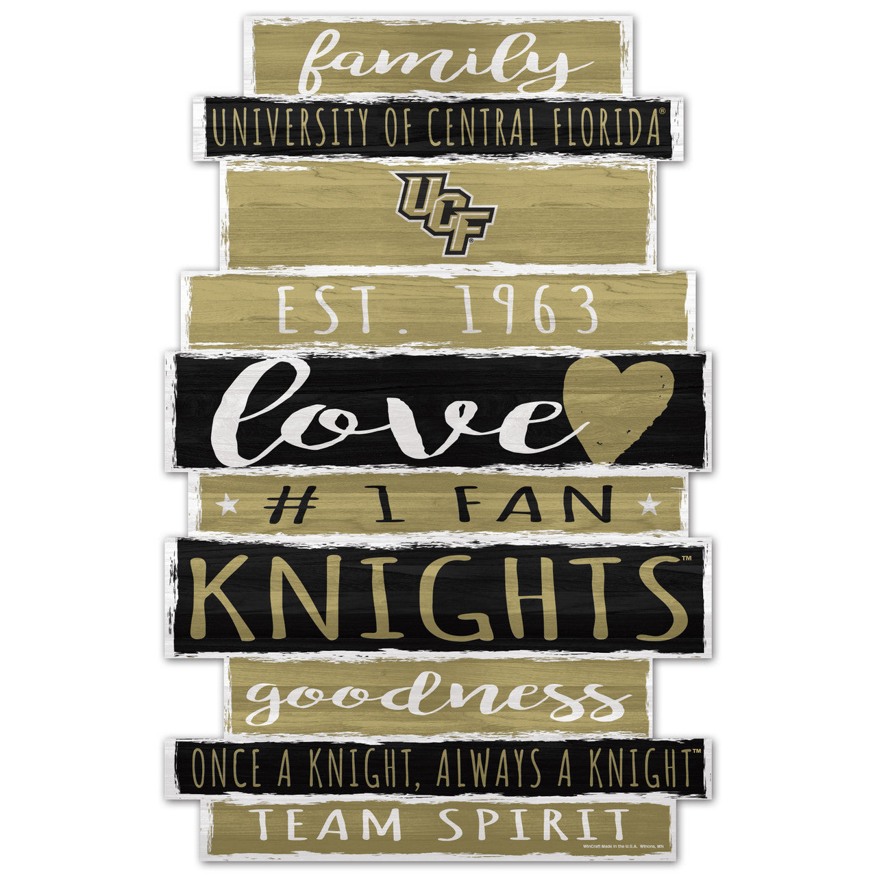 Central Florida Knights UCF 11x17 Family Word Design wood sign with bold black and gold NCAA graphics.