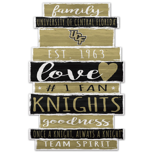 Central Florida Knights UCF 11x17 Family Word Design wood sign with bold black and gold NCAA graphics.