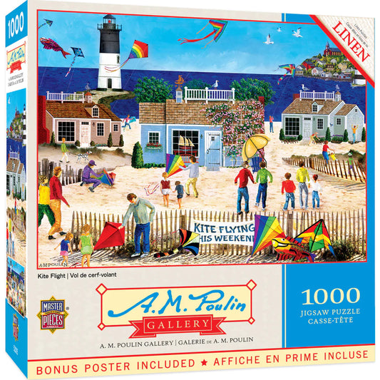 AM Poulin Kite Flight Jigsaw Puzzle - 1000 pieces. Vibrant colors and detailed imagery. Made by Masterpieces."