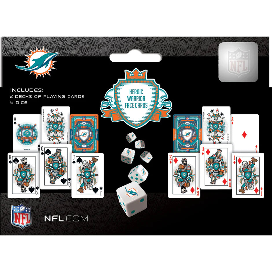 Miami Dolphins 2-Pack Playing Cards & Dice Set. Team-themed decks, 52 cards, 2 jokers. 5 dice. Official NFL licensed by Masterpieces.
