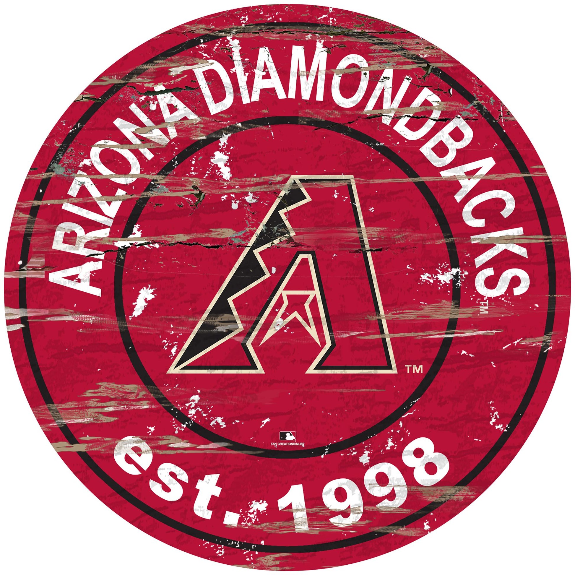 Arizona Diamondbacks distressed round sign, 24" diameter. Features team graphics & established date. Indoor use only. Officially licensed.