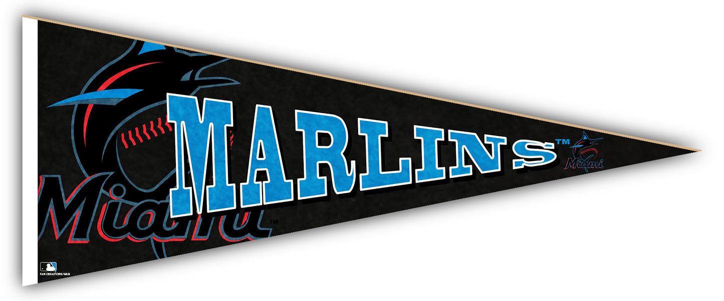 Officially licensed Miami Marlins 24" wood pennant, made in USA. Vibrant team colors, 100% MDF. Indoor use only. 