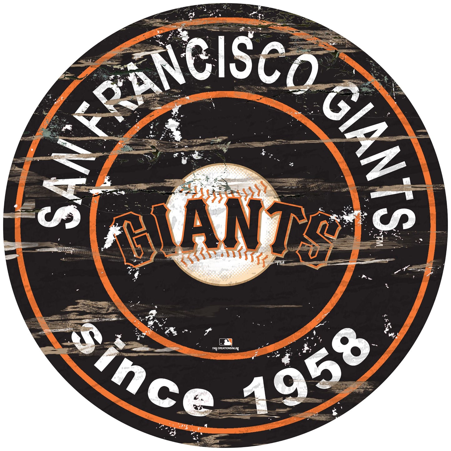 San Francisco Giants distressed round sign, 24" diameter. Features team graphics & established date. Indoor use only. Officially licensed.