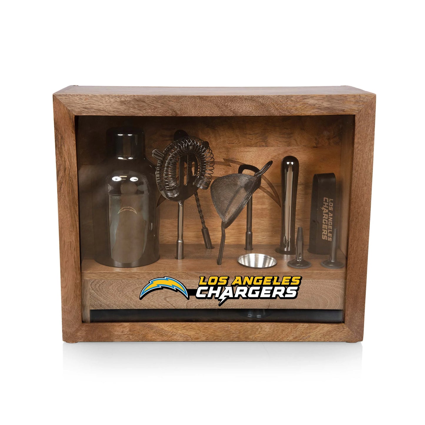 Los Angeles Chargers Old Fashioned Bar Set with mango wood case and black stainless steel bar tools.