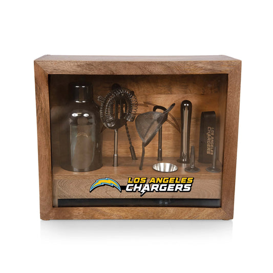 Los Angeles Chargers Old Fashioned Bar Set with mango wood case and black stainless steel bar tools.