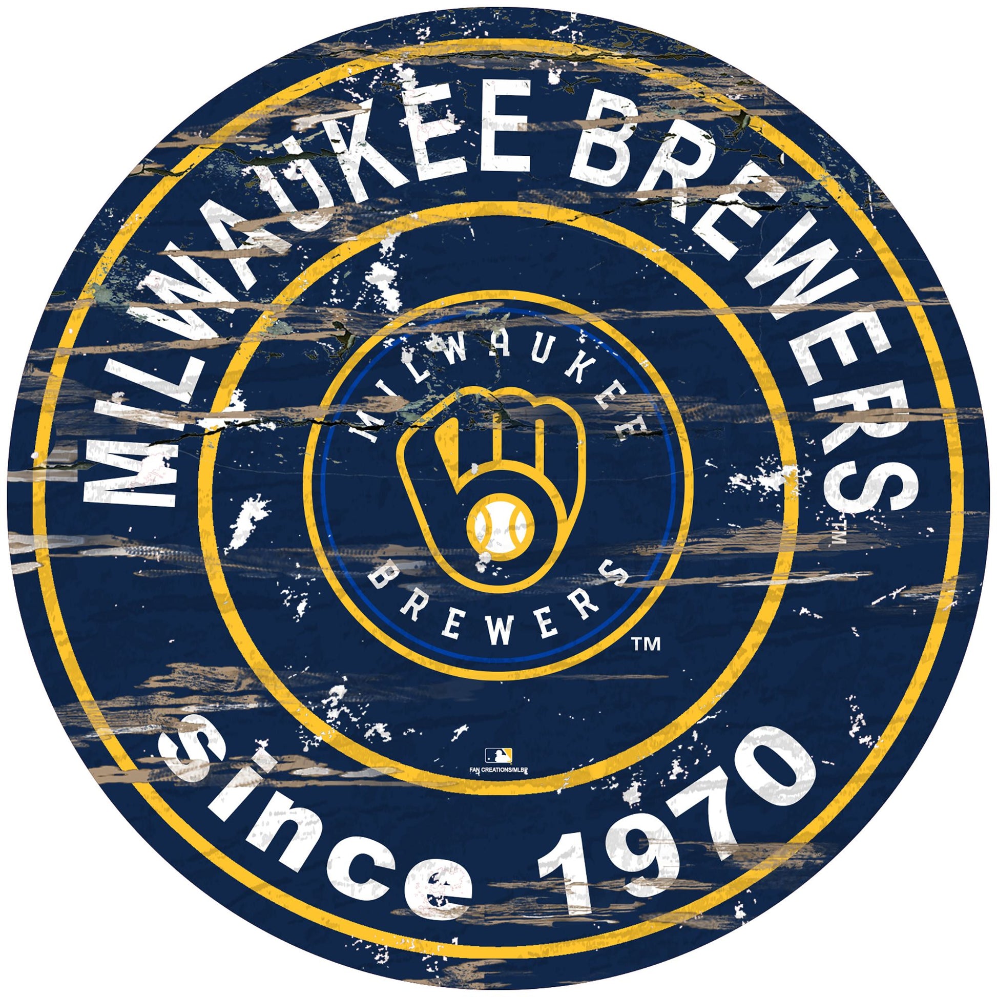 Milwaukee Brewers distressed round sign, 24" diameter. Features team graphics & established date. Indoor use only. Officially licensed.