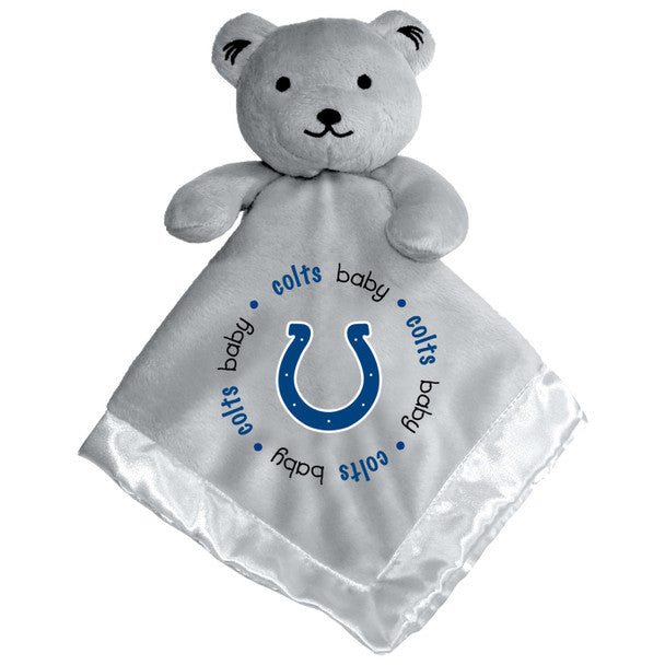 Gray security bear with embroidered Indianapolis Colts logo, soft pile top, satin underside, and plush head and arms, 14"x14"