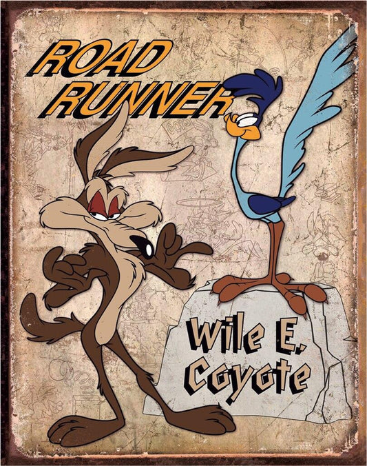 Road Runner & Wyle E Coyote 12.5" x 16" Distressed Metal Tin Sign - 1888