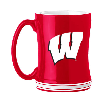 14oz. Wisconsin Badgers coffee mug by Logo Brands featuring team colors and logo, perfect for fans to enjoy beverages while showcasing team spirit.