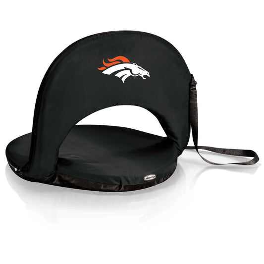 Denver Broncos NFL Reclining Seat: Lightweight, portable, with high-density foam, adjustable strap, and six positions. Navy blue, officially licensed.