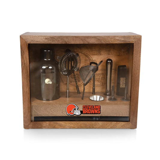 Cleveland Browns Old Fashioned bar set, black stainless tools, mango wood case, logoed bar mat, official NFL