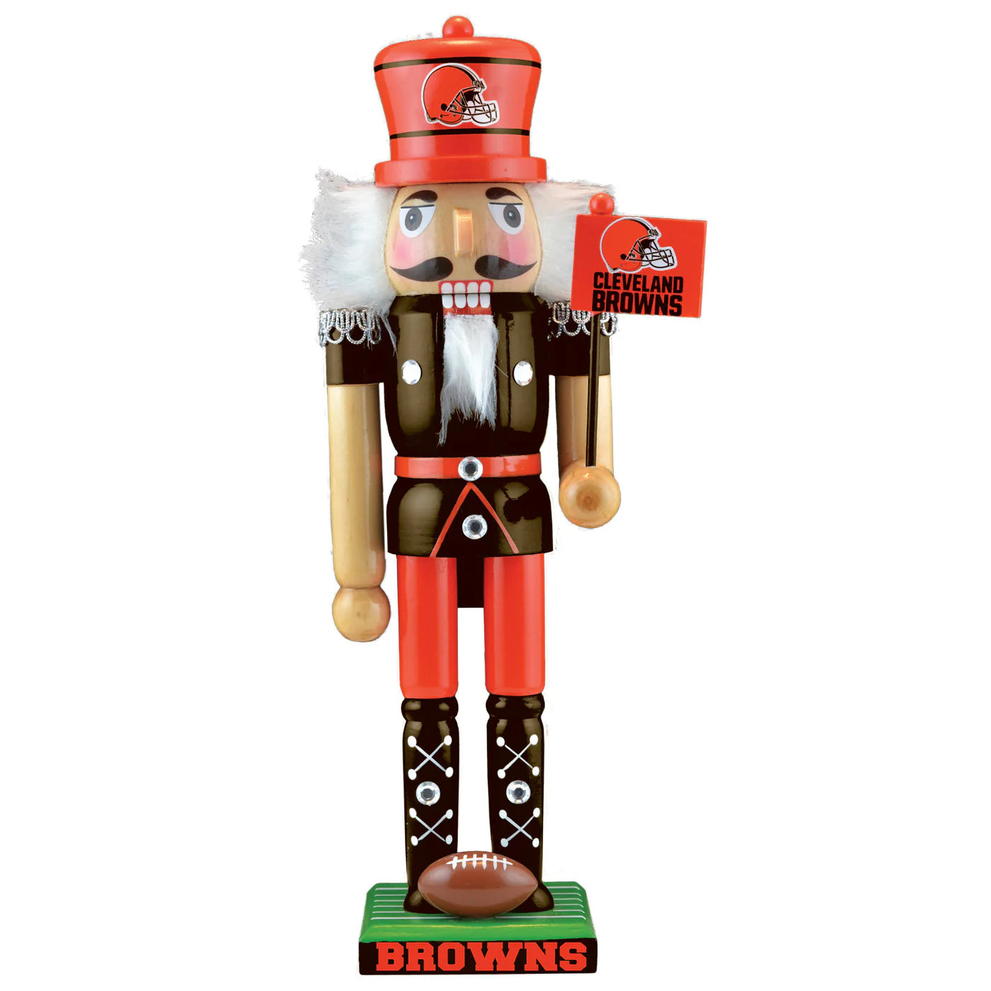 12" Cleveland Browns Wooden Nutcracker with NFL colors, football, flag, hair, and decorative gems.