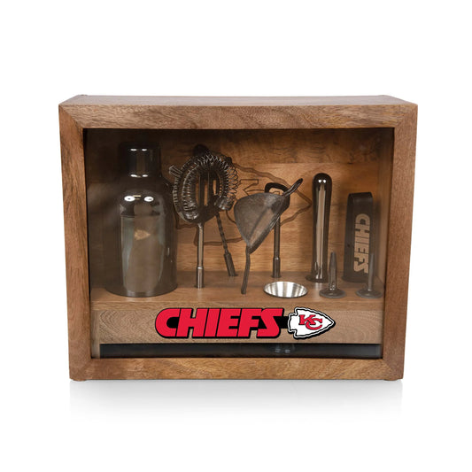 Kansas City Chiefs old fashioned bar set with stainless tools, mango wood case, glass sides, and team logo bar mat.