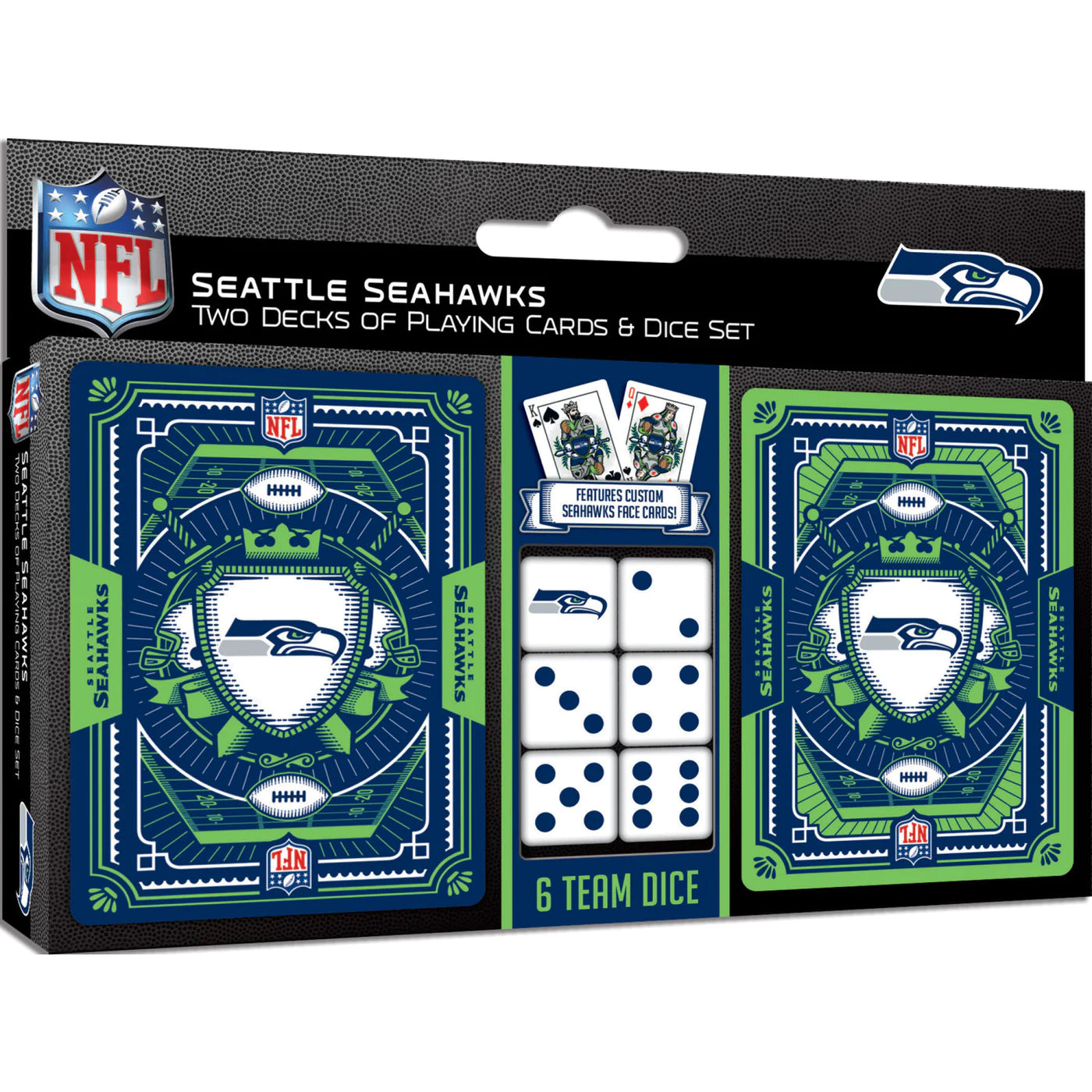 Seattle Seahawks 2-pack playing cards and dice set featuring team colors and graphics, perfect for game nights and fans.