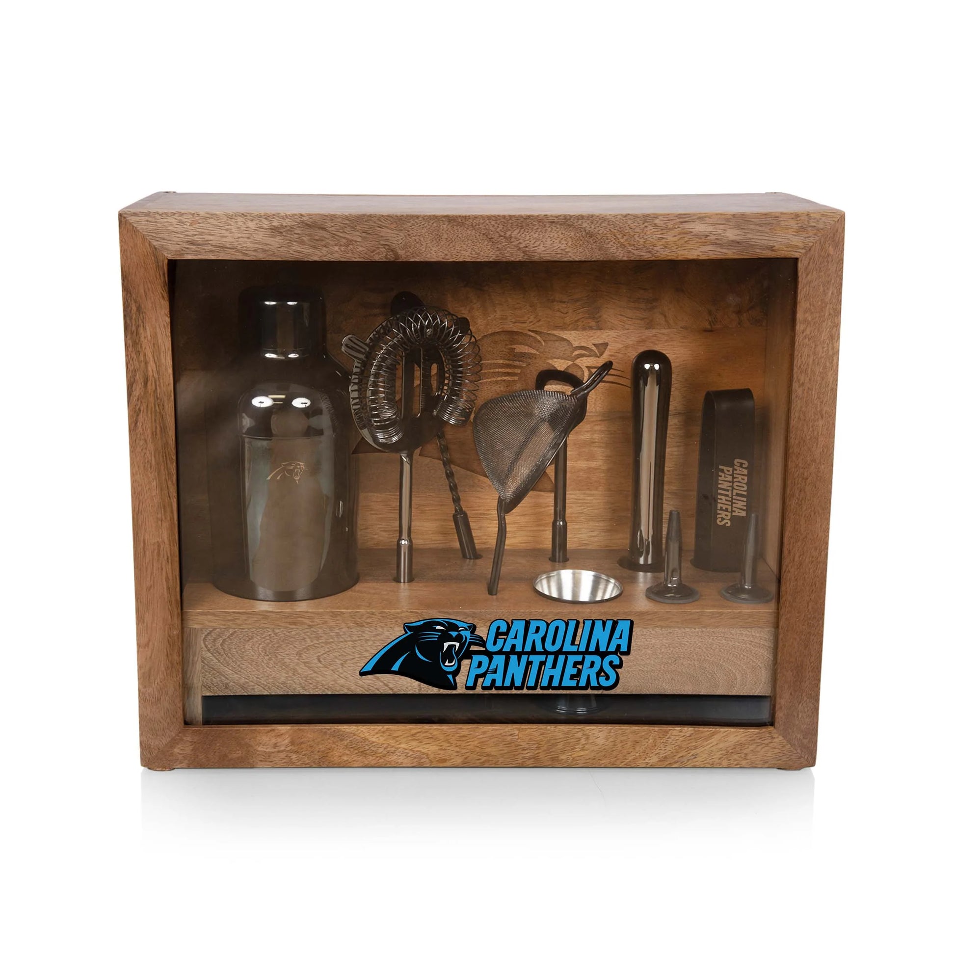 Carolina Panthers Old Fashioned Bar Set with stainless tools and mango wood base by Legacy.