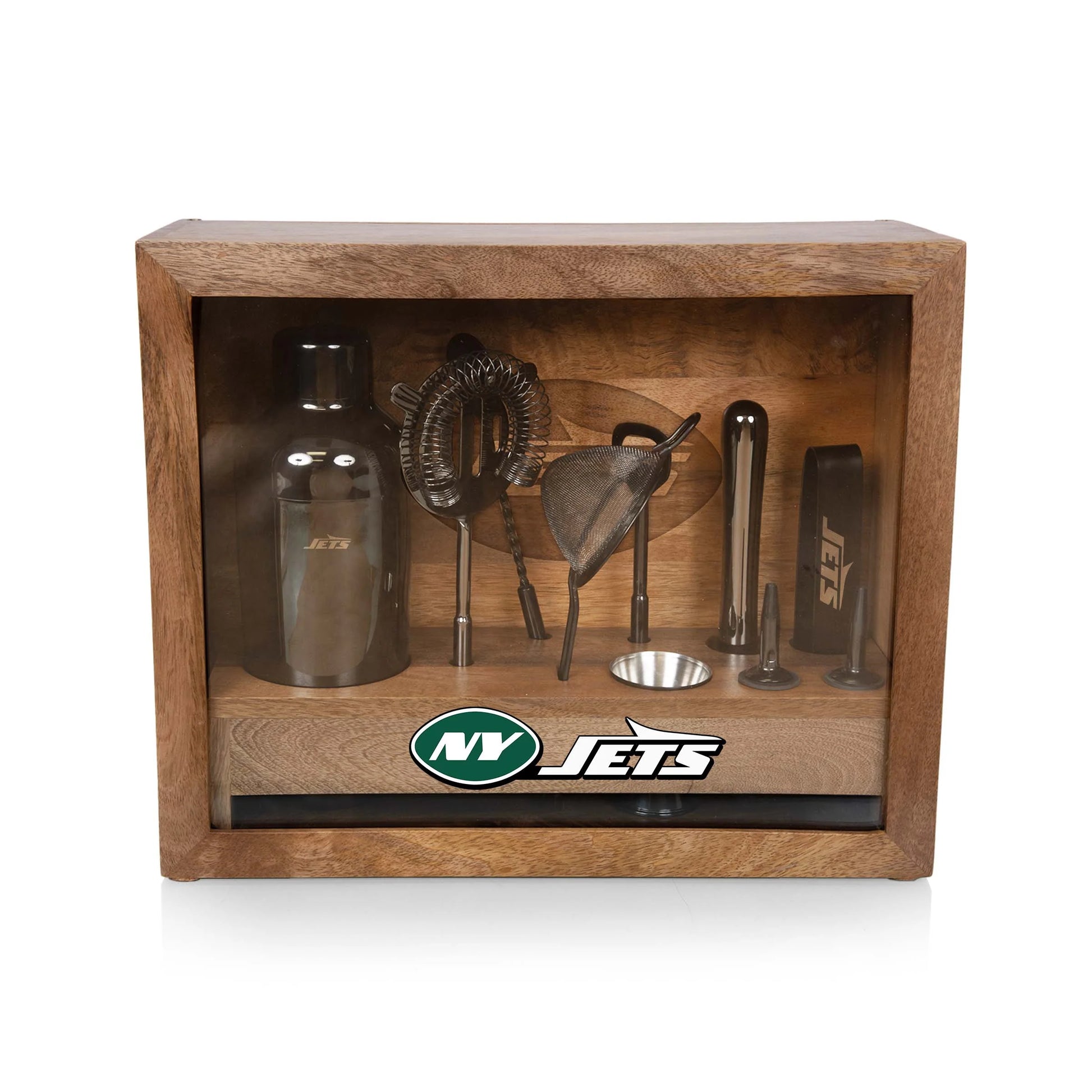 New York Jets Old Fashioned bar set with black stainless tools, mango wood case, Jets logo mat, official NFL