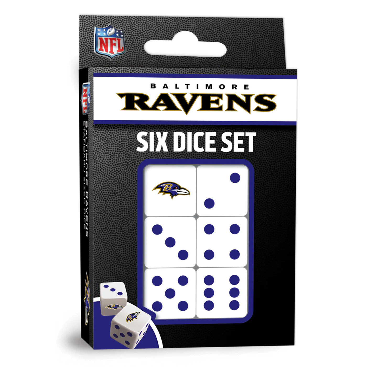 Baltimore Ravens Dice Set featuring 6 standard-size dice with team logos and colors, perfect for fans and game nights.