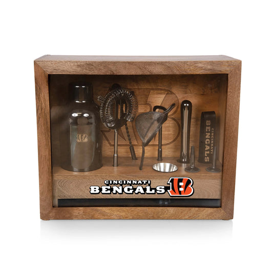 Cincinnati Bengals Old Fashioned Bar Set with bar tools, mango wood and glass case, and Bengals logoed bar mat.