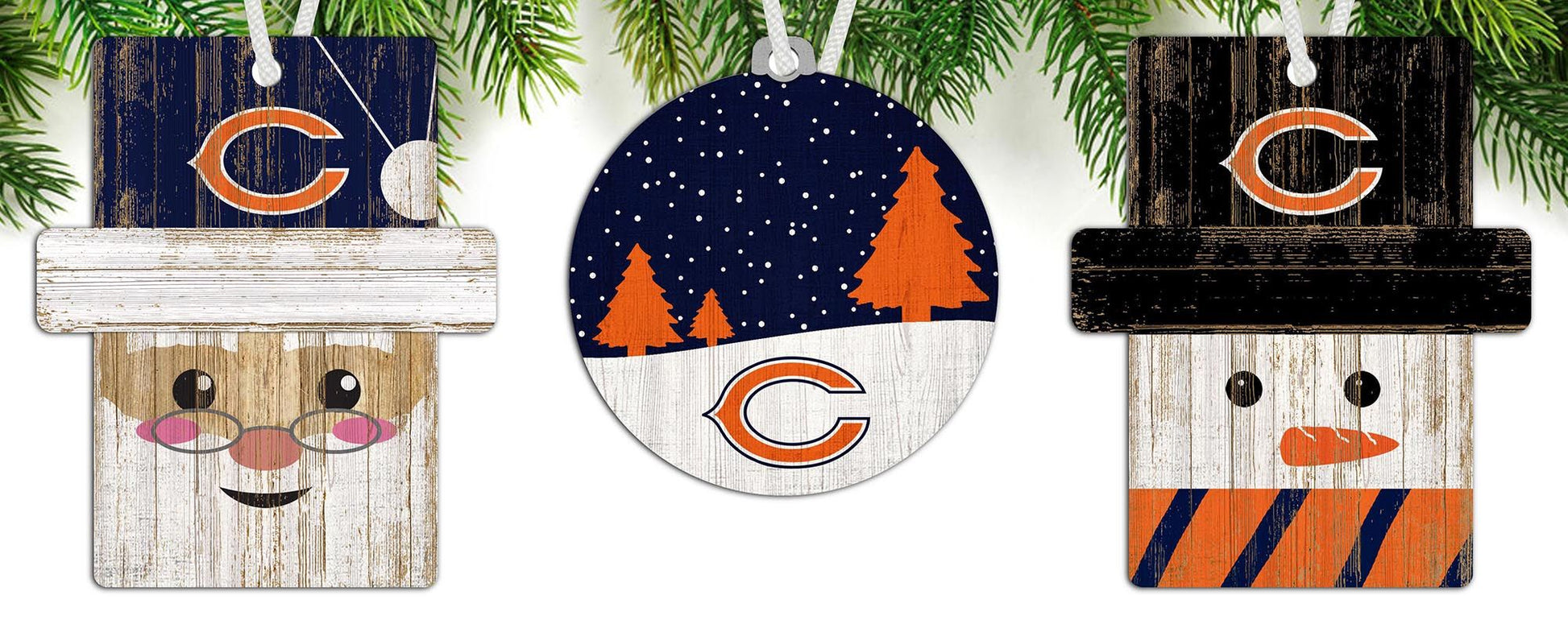 Chicago Bears NFL 3-pack ornament set with Santa, snowman, and snow scene. Perfect for holiday tree decorations.