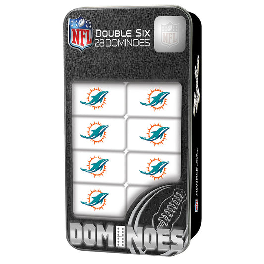 Miami Dolphins NFL Dominoes Set featuring 28 resin dominoes with team logos in a collectible tin box, perfect for fans.