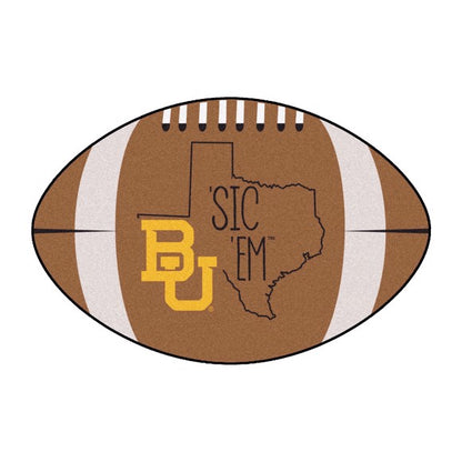 Baylor Bears football-shaped floor mat with vivid logo, USA-made nylon face, recycled vinyl backing, and non-skid base.