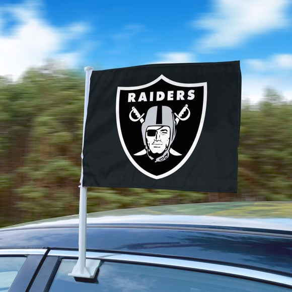 Las Vegas Raiders logo car flag, 11"x15", with 20" pole, durable nylon, heavy-duty clip, foam pad. Officially licensed.