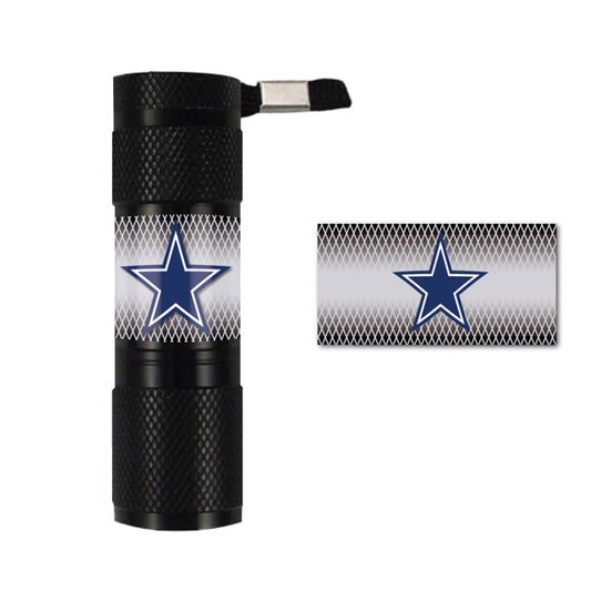 Dallas Cowboys NFL LED Flashlight: 1.1" x 0.3" x 3.4". Team graphics, 9 LEDs. Batteries incl. Tough aluminum, lanyard. Officially licensed.