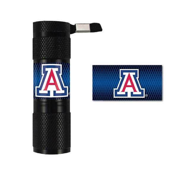 Arizona Wildcats LED Flashlight by FanMats, 1.1"x0.3"x3.4". Features team graphics, 9 super bright LEDs, lanyard, water-resistant aluminum.