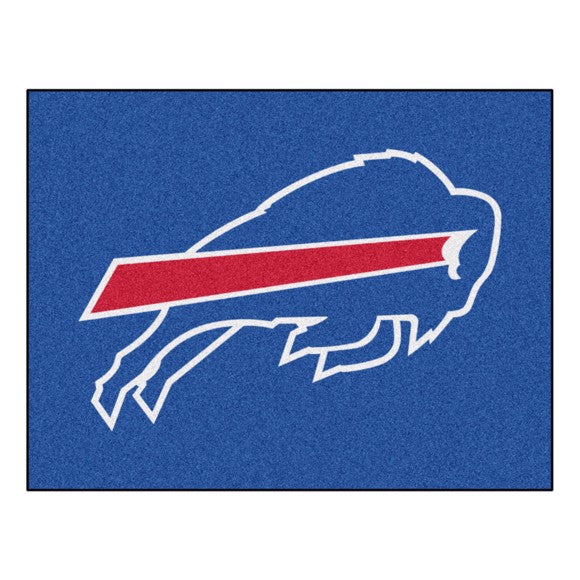 Bills NFL Rug/Mat: 33.75"x42.5". Chromojet-printed in team colors. Non-skid backing. Machine washable. Officially licensed. Made in USA by Fanmats.