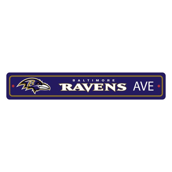 Made in USA Baltimore Ravens NFL Street Sign: 4x24" plastic, durable, vibrant colors, 2 pre-drilled holes, indoor/outdoor use.