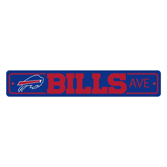 Buffalo Bills NFL Street Sign: Made in USA, 4x24" plastic, durable, vibrant colors, 2 pre-drilled holes, indoor/outdoor use.