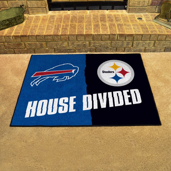 USA-made NFL mat: Bills/Steelers. 33.75" x 42.5". 'A House Divided' design. Non-skid, machine washable. Officially licensed.