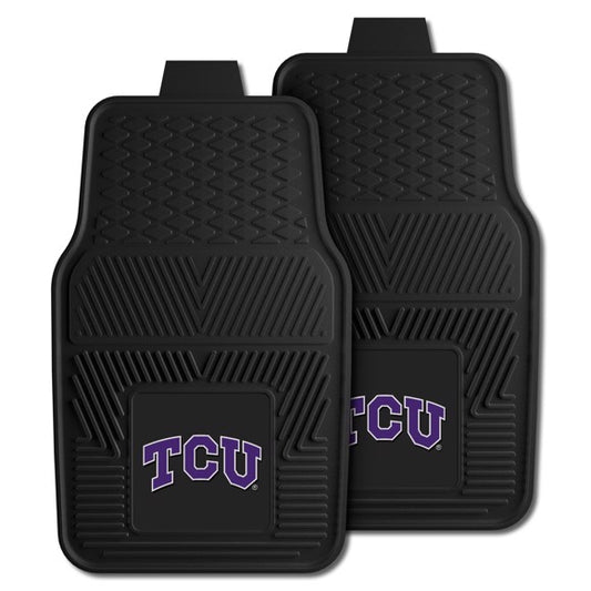 TCU Horned Frogs heavy duty vinyl, black, front car mats with team logo. Universal size to fit most vehicles