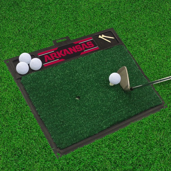 Arkansas Razorbacks NCAA Golf Mat: New, measures 20" x 17", dual tee design, cups for balls and tees, heavy-duty vinyl with realistic turf.
