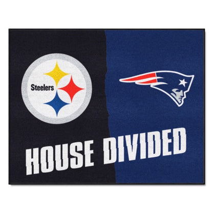 USA-made House Divided NFL mat: Steelers/Patriots. 33.75" x 42.5". Non-skid backing, durable nylon face. Machine washable. Officially licensed by Fanmats