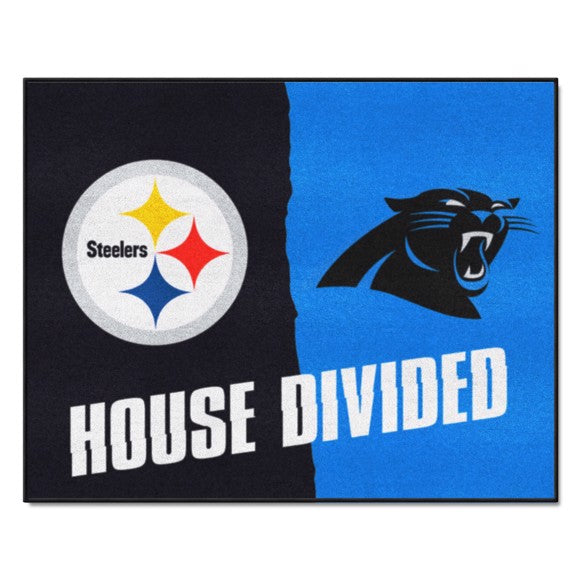 USA-made House Divided NFL mat: Steelers/Panthers. 33.75" x 42.5". Non-skid backing, durable nylon face. Machine washable. Officially licensed by Fanmats.