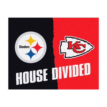 USA-made House Divided NFL mat: Steelers/Chiefs. 33.75" x 42.5". Non-skid backing, durable nylon face. Machine washable. Officially licensed by Fanmats