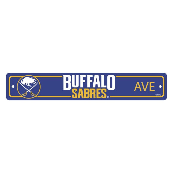 Buffalo Sabres NHL Street Sign: Made in USA, 4x24" plastic, durable, vibrant colors, 2 pre-drilled holes, indoor/outdoor use.