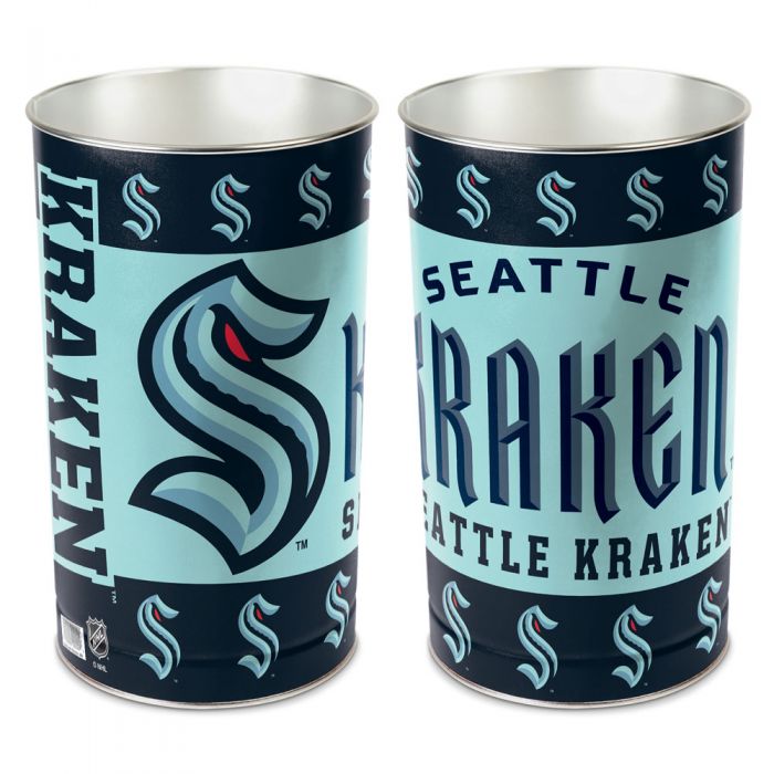 Seattle Kraken metal wastebasket with team colors and graphics measures 15 inches tall & 10 inches wide at top