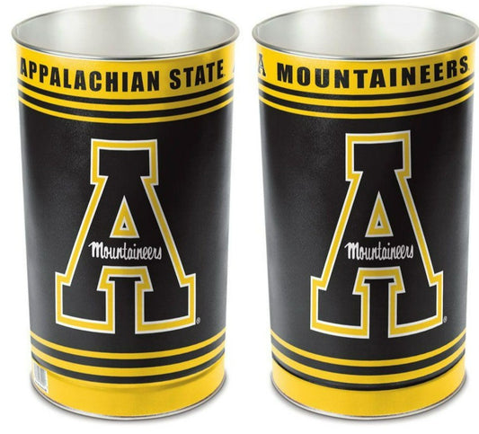 Appalachian State metal wastebasket with team colors and graphics measures 15 inches tall & 10 inches wide at top