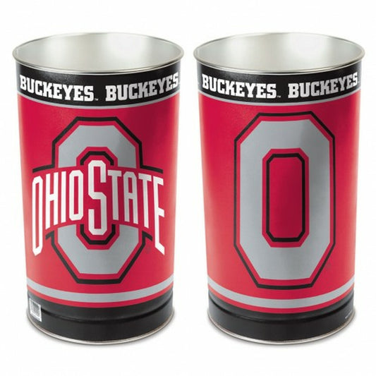 Ohio State Buckeyes metal wastebasket with team colors and graphics measures 15 inches tall & 10 inches wide at top