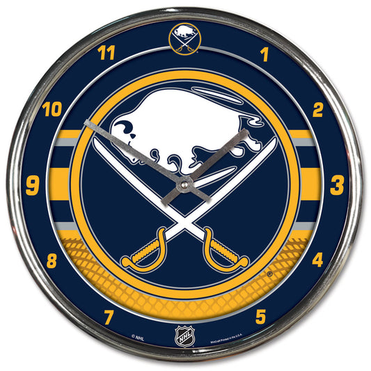 Buffalo Sabres Chrome Clock - 12" round, bold team graphics. Officially licensed and brand new. AA batteries not included. Made by Wincraft.