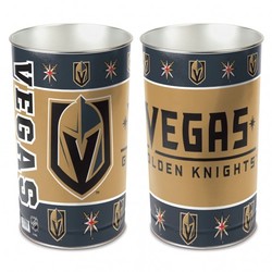Vegas Golden Knights metal wastebasket with team colors and graphics measures 15 inches tall & 10 inches wide at top