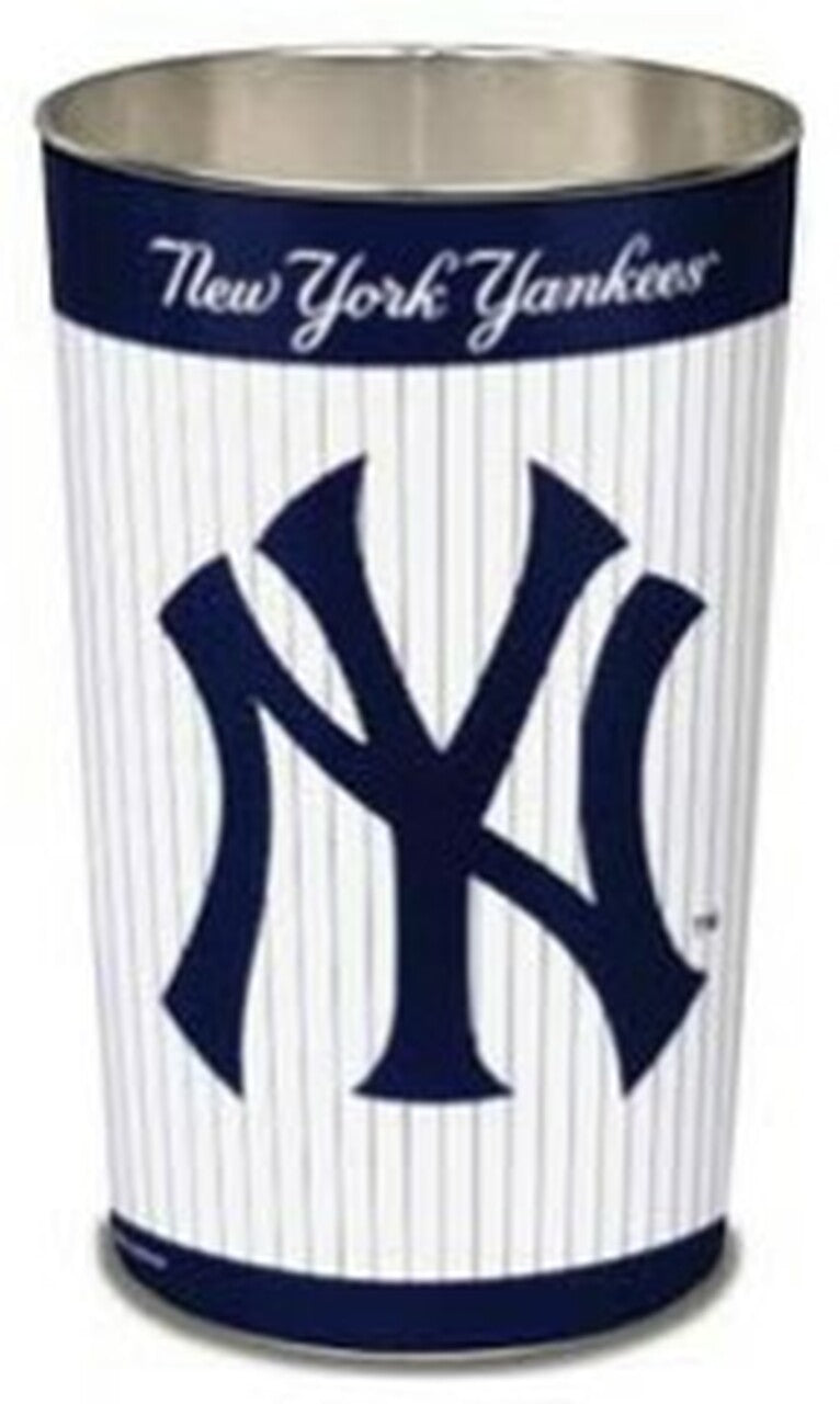 New York Yankees metal wastebasket with team colors and graphics measures 15 inches tall & 10 inches wide at top