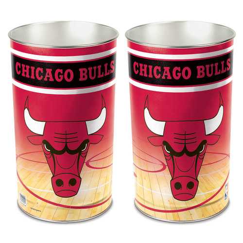 Chicago Bulls metal wastebasket with team colors and graphics measures 15 inches tall & 10 inches wide at top
