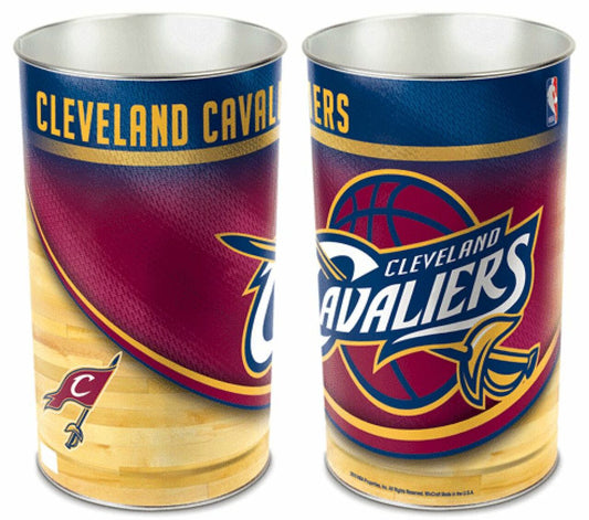 Cleveland Cavaliers metal wastebasket with team colors and graphics measures 15 inches tall & 10 inches wide at top