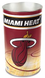 Miami Heat metal wastebasket with team colors and graphics measures 15 inches tall & 10 inches wide at top