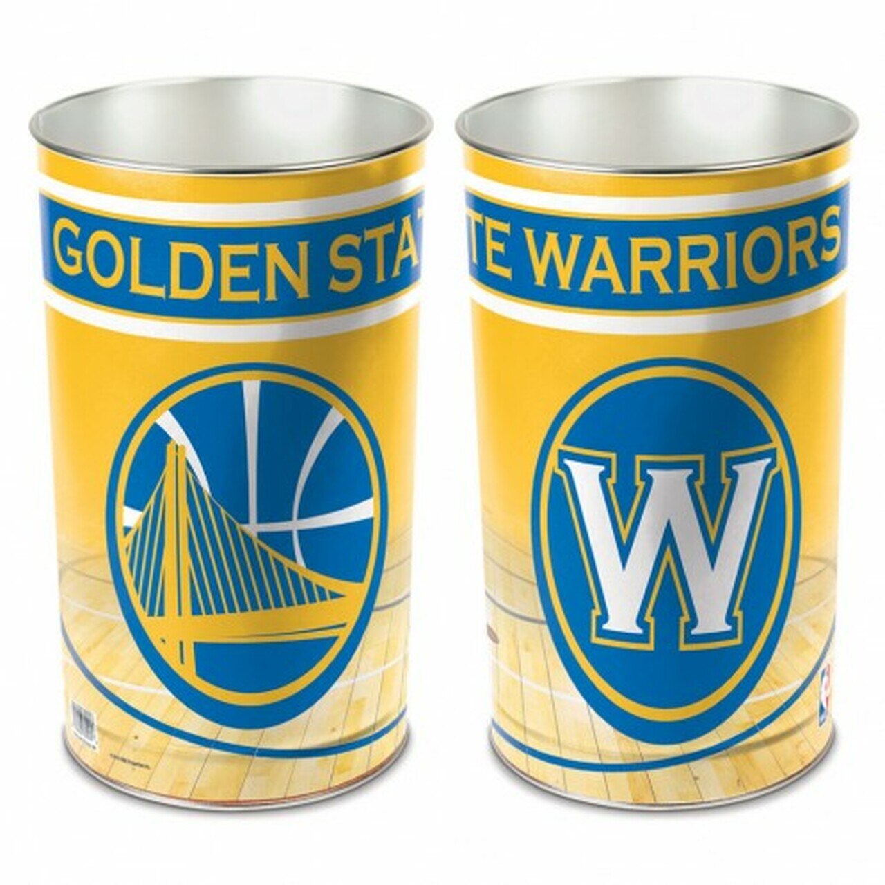 Golden State Warriors metal wastebasket with team colors and graphics measures 15 inches tall & 10 inches wide at top