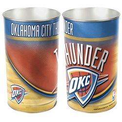 Oklahoma City Thunder metal wastebasket with team colors and graphics measures 15 inches tall & 10 inches wide at top