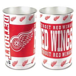 Detroit Red Wings metal wastebasket with team colors and graphics measures 15 inches tall & 10 inches wide at top